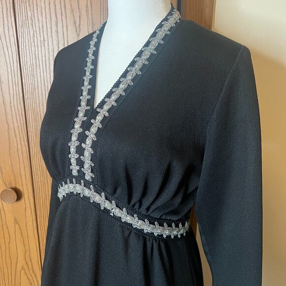 Vtg 70s Black Maxi Dress Embellished Empire Waist Witchy Whimsigoth Wednesday - Picture 3 of 11